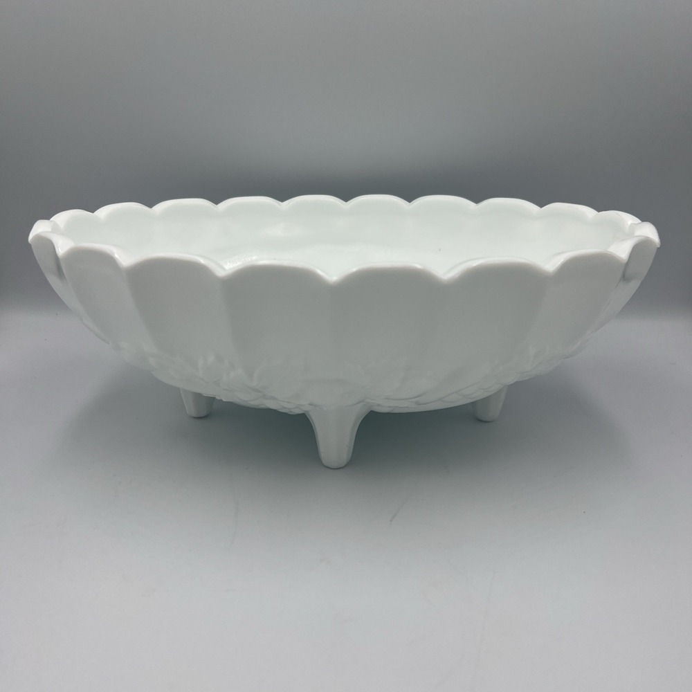 Vintage Indiana Milk Glass Large Footed Fruit Bowl Embossed Fruit Design Harvest